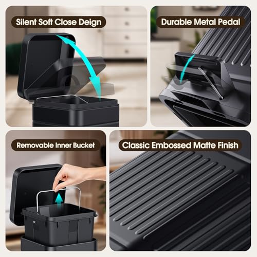 CEROELDA Small Trash Can with Lid-5L/1.3 Gal,Stainless Steel Outdoor Dog Poop Garbage Can-Farmhouse Retro Metal Waste Bin w/Step Pedal for Bathroom Bedroom Office-Soft Close-Black - color: Black