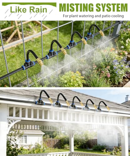 52FT 5/16" Misting Irrigation System for Garden with 20 Adjustable Nozzles | 360° Bendable Copper Nozzles, Quick Connect, Steady Flow, UV-Resistant PE Tubing & Accessories, Garden Beds& Greenhouse - size: 52 FT+20 Nozzles