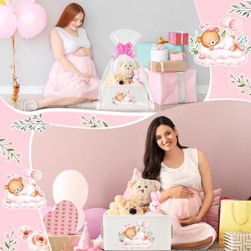 Pickmesh Baby Shower Storage Basket with Gift Bags Rectangular Ribbons Collapsible Canvas Storage Bin with Handles for Diaper Organizing Toy Home DIY Gift Basket, 13 x 9. 1 x 7. 1 Inch(Pink Bear) - style: Pink Bear