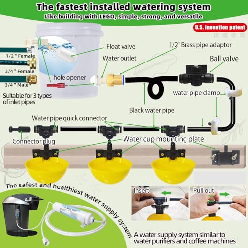 Complete Set Pipeline Automatic Chicken Waterer System, Innovative Quick-Connect Water System with Large Size Water Cups Removable and Washable, 21ft Pipeline and Float Valve (Yellow, 10Cups) - size: 10Cups