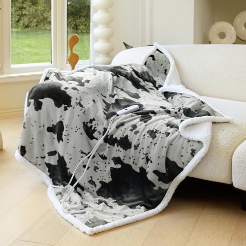 Heated Blanket Throw Blanket - Fast Heating Electric Blanket, Soft Heated Throw with 4 Time Settings,10 Heating Settings, Warm Gifts for Women Mom Grandma(50" x 60" Cow Print Grey) - color: 02 - Black Ombre-grey, size: Throw 50" x 60"