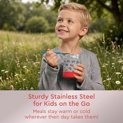 Bentgo Kids Stainless Steel Leak-Proof Food Jar for Hot or Cold Food | 11 fl oz Double Insulated Container with Removable Silicone Bumper, Dishwasher Safe, Easy Open Lid, Ages 3+ (Trucks) - color: Trucks
