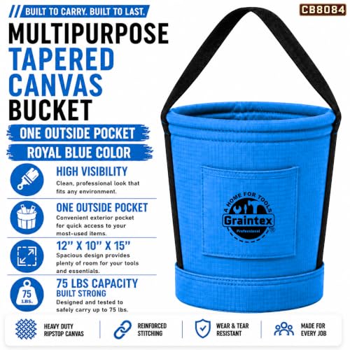 Graintex Tapered Canvas Bucket 12"x10"x15", Utility Tool Bucket One Inside Pocket, Reinforced Base & Carry Handle, Ripstop Canvas - Royal Blue - color: Royal Blue