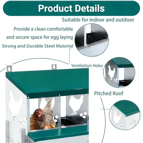 8-Compartment Chicken Nesting Box, Heavy Duty Galvanized Steel Poultry Nest Box, Wall Mount/Freestanding Design for Hens, Ducks, Backyard Homesteads & Farm Use, Green, 10 Mats &4 Eggs, No Stand - color: Green, size: 8 Room&Mat eggs
