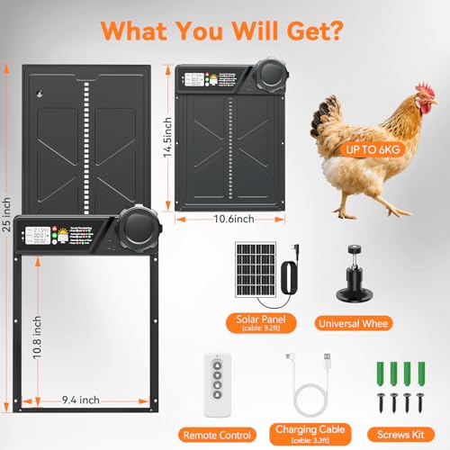 Large Size Automatic Chicken Coop Door Solar Powered, Auto Chicken Door Opener with Timer Modes for Safe and Convenient Chicken Keeping with Intelligent Obstacle Sensors, Remote Control