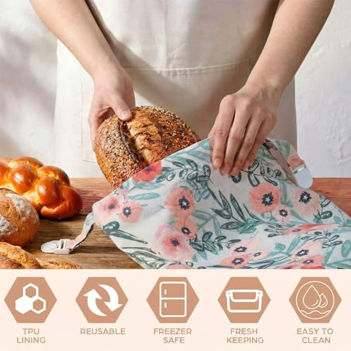 Tallew 3 Pack Beeswax Bread Bags for Sourdough Homemade Bread, Large 17x13 Inch Reusable TPU lining Beeswax Storage Bags with Sealing Zip Keep Fresh Freezer(Floral Style) - style: Floral Style