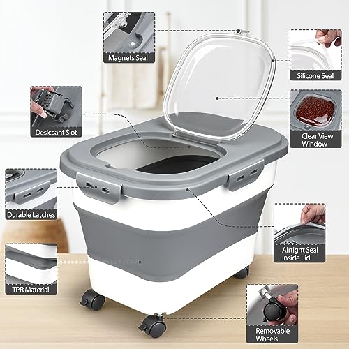 Viretec Dog Food Storage Container, 10-20Lbs Collapsible Pet Food Storage Containers with Rolling Wheel Airtight Locking Lid, Dry Food Storage Bin with Cup and Scoop,Suitable for Pet Food, Rice, Flour - color: White