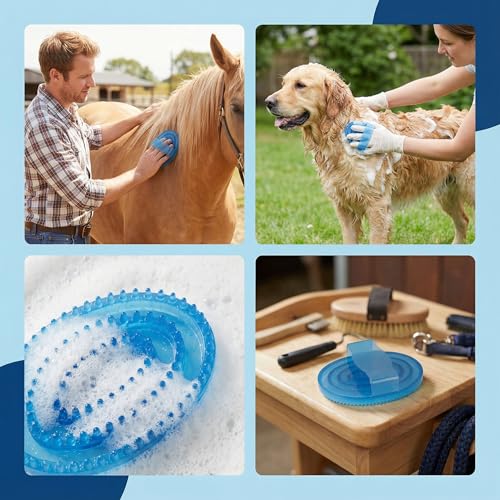 Horse Brush Blue Oval Rubber Grooming Tool With Flexible Nubs For Coat Shed Dirt Removal Comfortable Hand Grip Easy Rinse Use At Stable Barn Or Trailer - color: Blue