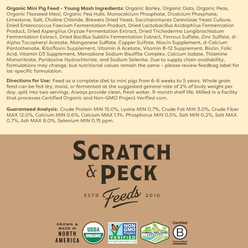 Scratch and Peck Feeds | Young Mini Pig Feed | Whole Grain Mash | 25 lb Bag | 15% Protein, Corn & Soy Free, Certified Organic and Non-GMO Project Verified, Complete Nutrition