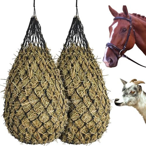 Hay Bags for Horses, 2 Pack Hay Nets for Horses Slow Feed, Goats, Livestock, 40" Large Opening Polyester Rope Hay Nets for Horses with Drawstring, Reduces Waste for Travel Pasture Stall Use
