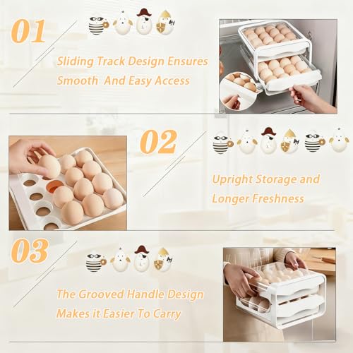 2 Tier 32 Egg Holder for Fridge Egg Organizer Clear Egg Tray | Eggs Storage with Drawer,Eggs Container with Handles,Space Saving,Countertop Kitchen Baking