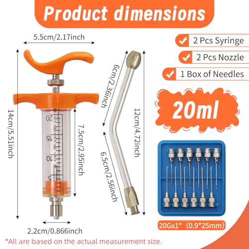 2 Pcs Goat Syringe Reusable Adjustable Goat Drench Syringe with 2 Drench Nozzle and Needles, Feeding Supplies for Cattle, Sheep, Goats, Horse, Pig, Dog (Orange, 20ML) - color: Orange, size: 20ML