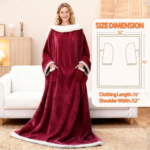 Wearable Heated Blanket With Sleeves & Foot Pocket, Heated Throw Blankets Fast Heating Blanket With 10 Heat Settings Auto Shut Off Over-Heat Protection-Warm Gift, Machine Washable, 52”*72”+18” - color: Red