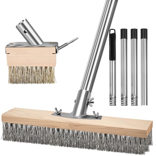 Wire Scrub Brushes with 65in Handle for Concrete Pavers Moss Remover | Heavy Duty Wire Broom, Crack Weeder Puller for Outdoor Deck Patios Walkways Floor Cleaning, Detachable Long Handle