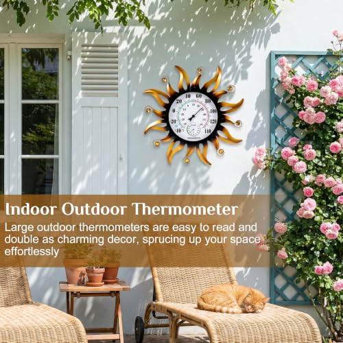 20" Large Outdoor Thermometer, Sun Outside Decor for Patio Yard Garden | Thermometer & Hygrometer Combo, 10" Dial Large Number Wall Mount Temperature Easy to Read, No Battery Needed Waterproof