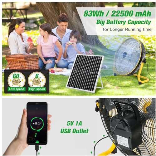blessny 18" Large Solar Rechargeable Floor Fan for Home Gazebo Greenhouse | 35W Solar Panel with 23 Ft Long Cord for Camping Barn Poultry Pet House Outdoor Cooling or Air Circulation