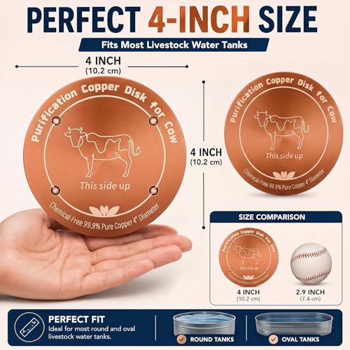 4 Pack 4 Inch Copper Disk for Cattle Water Trough, 99.9% Pure Copper Disc, 0.6mm Heavy Duty Water Purifier for Stock Tank, Horse Bowl, Poultry Fountain, Automatic Waterer Maintenance Kit