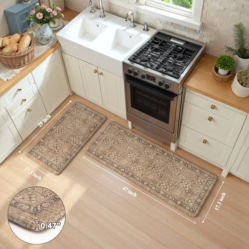 KIMODE Anti Fatigue Kitchen Mat, Boho Distressed Kitchen Rugs Sets of 2 | Non Slip Kitchen Mat for Floor, Cushioned Comfort Standing Mat for Sink, Laundry, Office, Desk, Dormitory 17"x47"+17"x29" - color: Brown/Multi, size: 17.3" x 47"+17.3" x 29"--0.47 i