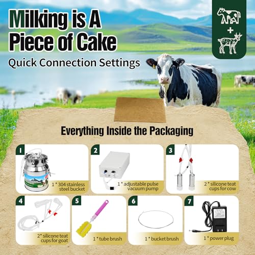 2-in-1 Upgrade 3.7Gal/14L Portable Electric Milker, Milking Machine for Cows and Goats with Food-Grade Stainless Steel Bucket,4 Teat Cups and Pulsation Vacuum System for Farm,Ranch and Home Dairy Use - size: 14L Two-in-One Milking Machine