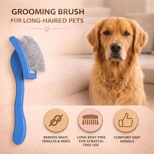 Slicker Brush for Dogs, Large Doodle Brush with Wooden Handle for Goldendoodle, Labradoodle & Poodles, Extra Long Pins for Dematting, Removing Mats & Thick Curly Coats(Blue,Large) - color: Blue