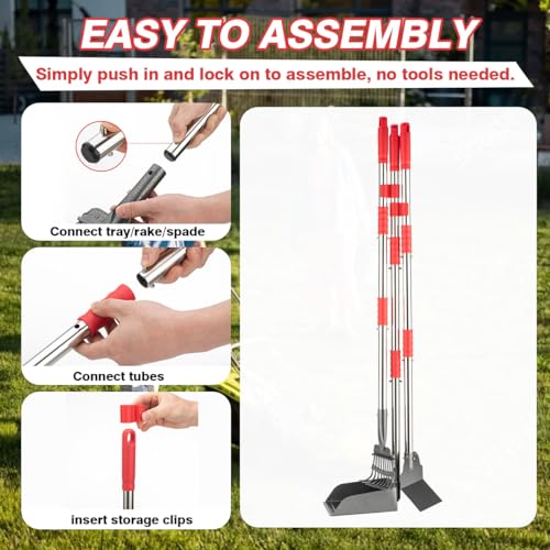 FUSBUNTY Long Handle Dog Pooper Scooper, Heavy Duty Stainless Steel Rake | Includes Tray & Spade for Pet Waste Removal. Rust-Proof Metal Scoop Set for Grass, Dirt, Gravel, Yard & Outdoor Clean Up. - color: Red-Standard