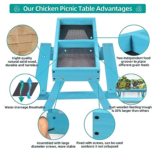 Chicken Picnic Table, Chicken Feeder No Waste Handmade Wooden, Large DIY Chicken Feeder Kit, Wild Bird, Duck & Squirrel Feeders, Mesh Bottom Keep Food Fresh and Dry Easy to Clean and Fill（Blue Paint） - color: Blue Solid Wood
