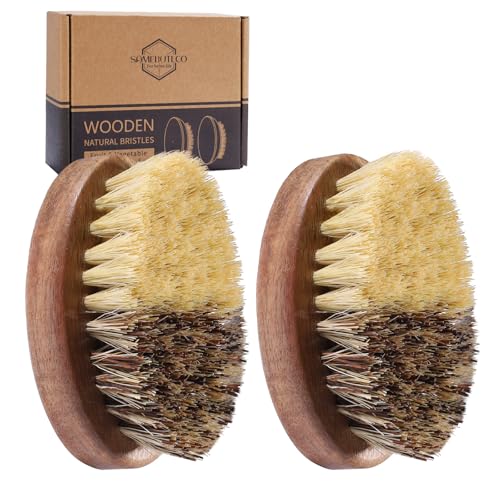 SAMEBUTECO Fruit & Vegetable Cleaning Brushes with Acacia Wood Handle Natural Half Sisal Bristle Half Palm Fibers Bristles Design,Oval Shape Easy Hold,Pack of 2,Brown