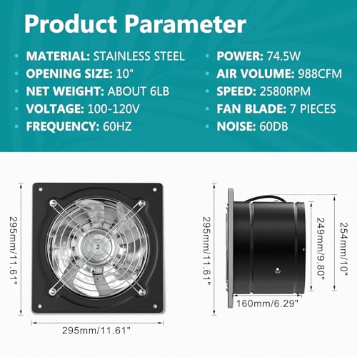 HG Power 10 Inch Metal Exhaust Fan with Switch, 988 CFM Powerful Garage Exhaust Fan with Damper, Potable Wall Mount Fan Fume Extractor Ventilation Fan for Shop, Shed, Basement, Chicken Coop, Black - color: Black, size: 10 Inch