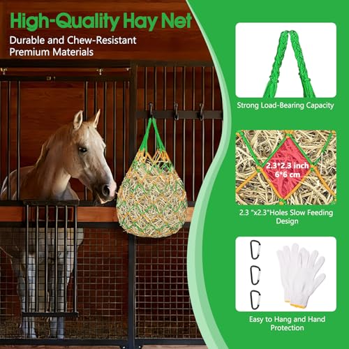 Slow Feed Hay Nets 3 Pack 40-Inch Durable Mesh Hay Bags Feeder for Horses | Heavy Duty Mesh Hanging Feeders with Carabiners & Gloves for Goat Livestock Barn Trailer Pasture Feeding Supplies Accessory - size: 3 Pack