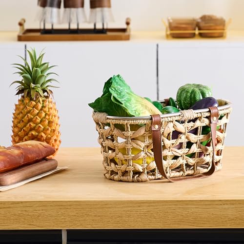 Egg Baskets for Collecting Fresh Eggs Farmhouse Handmade Wicker Hyacinth Egg Collecting Basket with Handle - color: Oval-Water Hyacinth