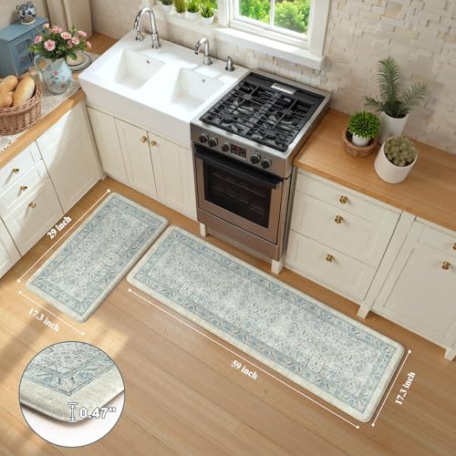 KIMODE Anti Fatigue Kitchen Mat, Boho Distressed Kitchen Rugs Sets of 2 | Kitchen Mats for Floor Cushioned Non Slip, Comfort Kitchen Floor Mats for Sink, Laundry, Desk Blue 17"x59"+17"x29" - color: Blue, size: 17.3" x 59"+17.3" x 29"--0.47 inches
