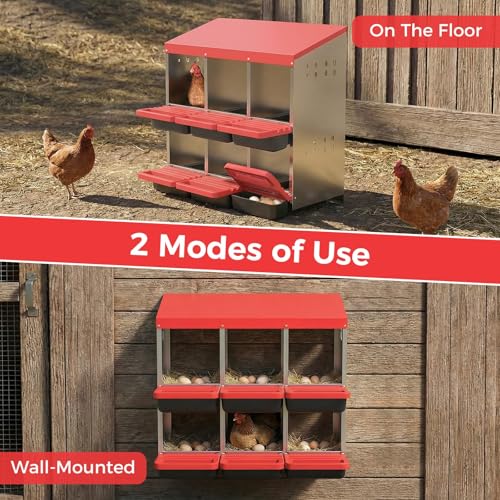 6-Compartment Chicken Nesting Box, Heavy Duty Galvanized Steel Poultry Nest Box, Wall Mount/Freestanding Design for Hens, Ducks, Backyard Homesteads & Farm Use, Red, with Soft Mats, No Stand - color: Red, size: 6 Room&Mat Board