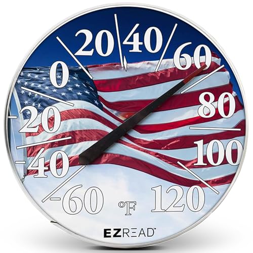 EZREAD Hanging Dial Thermometer 840-1221 Weather Thermometers for Indoor and Outdoor Use, Large 12.5 Inch Diameter, Easy to Read Numbers, American Flag - color: Flag