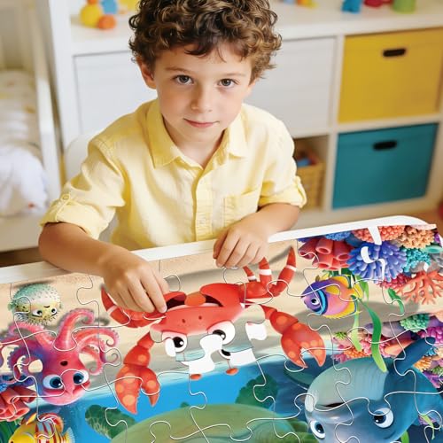 Jumbo Floor Puzzle for Kids, 48 Piece Animal Sea Turtle Puzzle Ages 3-8 | Extra-Thick Easy-Grip Pieces Form a 35.4 x 23.6-Inch Underwater Scene,Preschool Learning Educational Gift for Boys and Girls