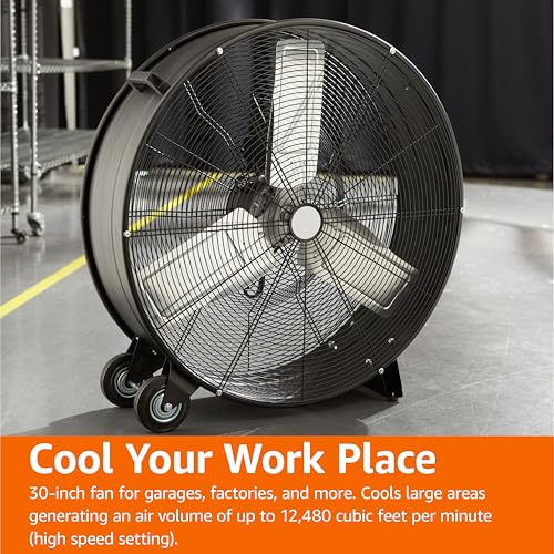 Amazon Basics 30" 300W High-Velocity Heavy-Duty Industrial Drum Fan for Cooling, Metal Housing, UL-Certified Safety Compliance, 2 Speeds, High CFM Up to 12,480, 5.9-ft Power Cord, 2 Wheels, Black - size: 30-inch