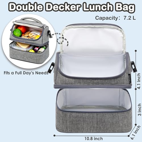 FlowFly Double Decker Cooler Insulated Lunch Bag Large Tote for Boys, Girls, Men, Women, With Adjustable Strap (Grey) - color: Gray