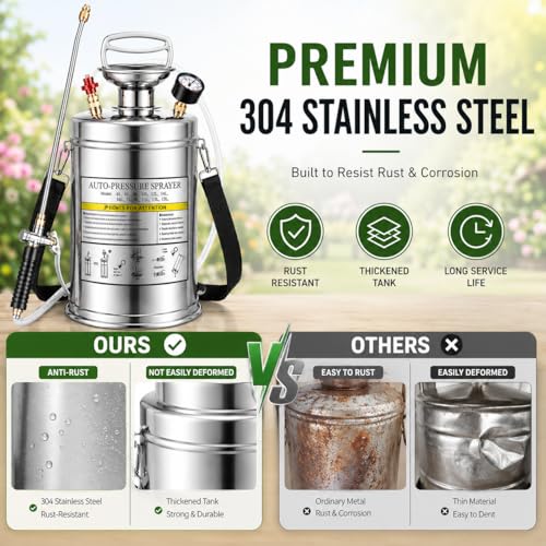 1.5Gal Stainless Steel Pump Up Sprayer Reinforced Hose, Hand Pump Sprayer with Pressure Gauge&Safety Valve, Adjustable Nozzle Suitable for Gardening (1.5 Gallon) - style: 1.5 Gal
