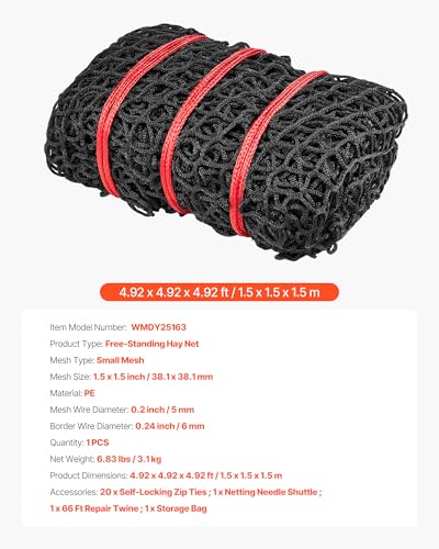 VEVOR Round Bale Hay Net, 4.92 x 4.92 x 4.92 ft, 1.5 inch Holes, PE Material, Knotless Design, with Zip Ties, Needle Shuttle, Repair Twine and Storage Bag, Slow Feeder Round Bale Net for Horses - size: 4.92 x 4.92 x 4.92 ft