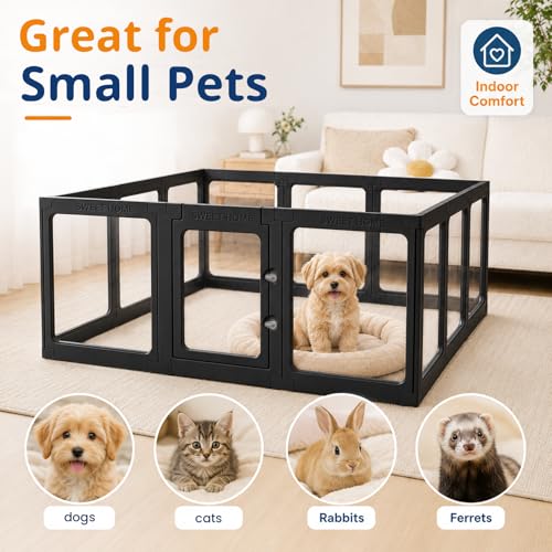Acrylic Dog Playpen with Toilet, Clear Puppy Play Pen Indoor Puppy Play Pen Tool-Free Assembly Detachable Pet Fence Kennel for Small Dog, Cat, Rabbit (24 Inch, 12 Panels, Black) - color: Black