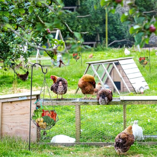 Hanging Chicken Feeder,Chicken Toys for Coop, Foldable Poultry Vegetable Fruits Feeder Basket with Shepherd's Hook, Veggie Treat Ball Boredom Toys for Chicken Coop