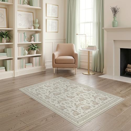 4'x6' Washable Flatwoven Rug, Cream Farmhouse Floral Easy Care Throw Carpet for Dorm Room, Small Living Room, Apartment, Stain Resistant Low Profile Floor Covering | Ref:1969513 - color: Beige/Pattern 21, size: 4' x 6' (Rectangular)