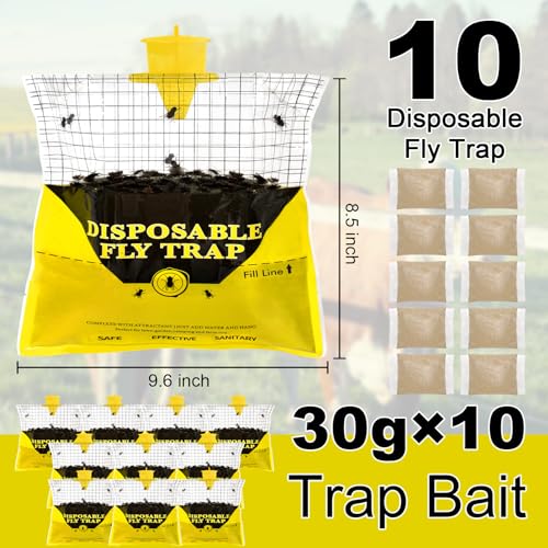 10 Pack Outdoor Fly Trap Bags Hanging - 10 * 30g Bait, Durable, Effective | Bug Hunter Catcher Killer Repellent for Stable Horse Barn & Farm | Disposable | Easy to use | Large Capacity - size: 10 pack