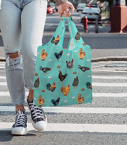 WIRESTER Reusable Grocery Tote Bag for Women, Foldable Shopping Bag, Cute Shoulder Bag, Beach Bag - color: Barnyard Chicken Roosters Teal