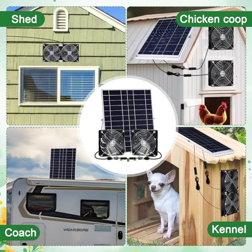Glooglitter 20w Solar Powered Fan Kit for Chicken Coop IP67 Waterproof Dual Solar Greenhouse Fan 3500 RPM High Speed Exhaust Fan with 10ft Cable for Shed Pet House Window Outside Inside(1 Set)