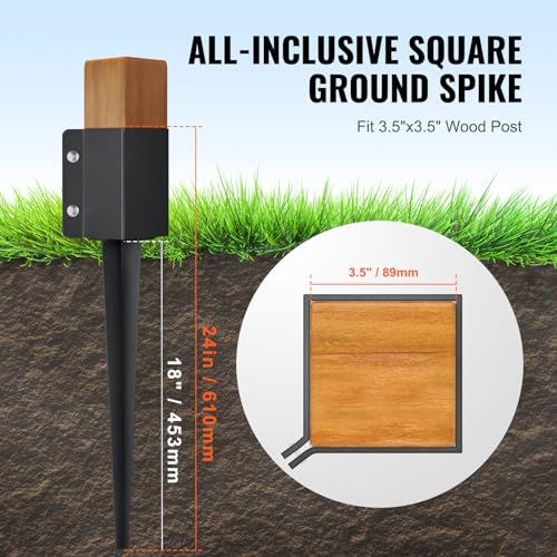 VEVOR Fence Post Anchor, 8 Pack 4 x 4 Inches Outer Diameter (Inner Diameter 3.5 x3.5 Inches) Ground Spike 24", Metal Black Powder Coated Post Stake Ground, for Mailbox Deck Garden Railing - size: 24 x 4 x 4 Inches