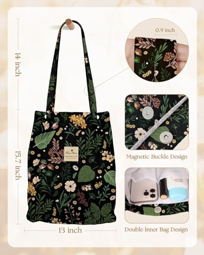 Miss Adola Corduroy Tote Bag for Women with Aesthetic Design | Magnetic Buckle & Pocket, Reusable, Soft, Roomy, Long Shoulder Handles, Double-sided Print, Casual Daily Work, Grocery Bags - color: Green Pk Flower, size: Large