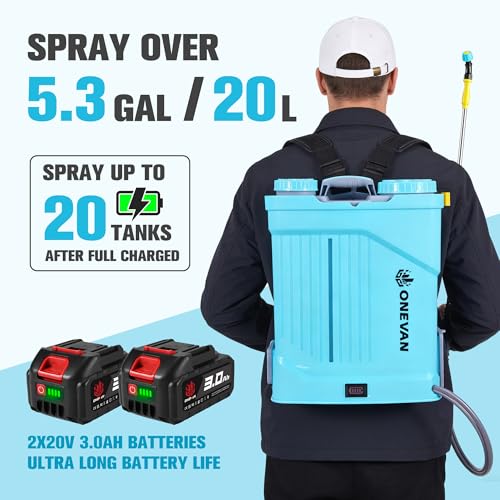 ONEVAN Battery Powered Backpack Sprayer 5.3 Gallon with 2X3.0A Batteries | 0-100 PSI Adjustable Pressure, Up to 41" Extends Telescopic, Sprayer up to 20 Tank, 5 Nozzles, Build-In Mixing System
