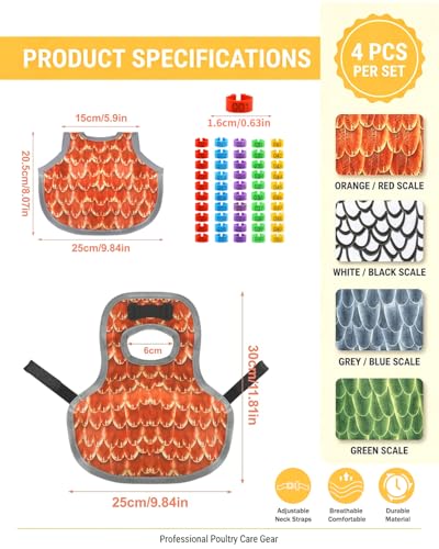 4PCS Chicken Saddle for Hens with 50pcs Chicken Leg Bands (001-050), Chicken Apron Back Protector with Adjustable Straps, Back Protector for Feather Loss & Rooster Mating (4PCS)