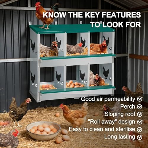 Chicken Nesting Box, 6 Compartments Nesting Box with 4 Fake Eggs & 10 Soft Nest Pads, Wall Mounting for Easy Egg Collection, Heavy Duty Galvanized Steel Rustproof Laying Box with Vented & Easy Clean - size: 6 compartment with Legs