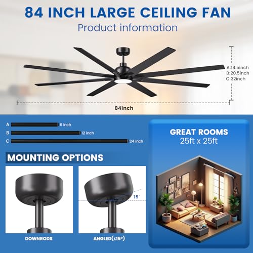 Newday 84Inch Large Industrial Ceiling Fan with Light Remote, Reversible DC | 8-blade, 6-speed with timer, 3CCT dimmable LED, silent high airflow, 3 downrods for living room, patio, garage, gazebo - size: 84 Inch